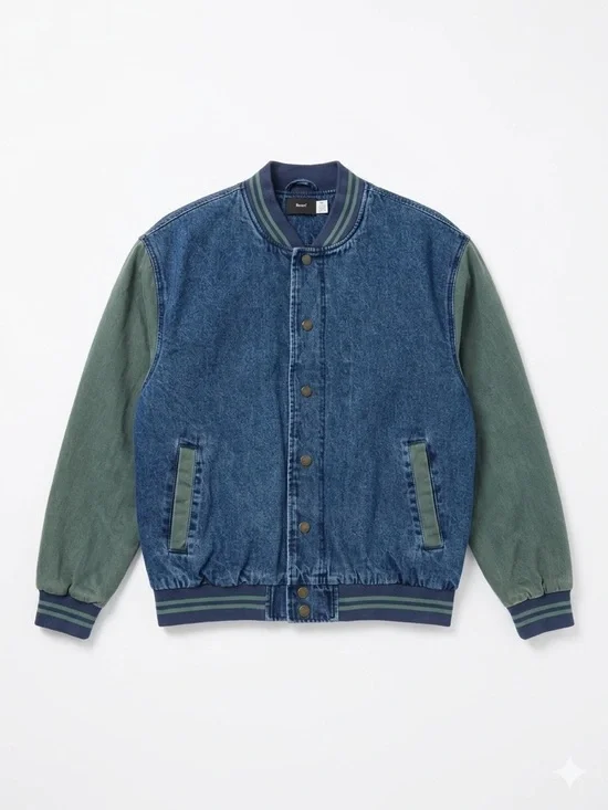 BDG Blue Denim Body with Green Sleeves Bomber Jacket - Picture 1 of 1